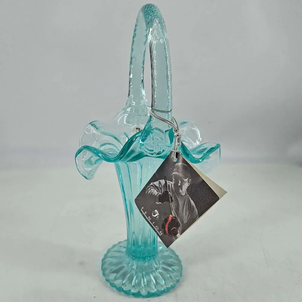 Fenton sea mist Glass Ruffled edge Handled Basket w original hang tag n sticker - Picture 2 of 4